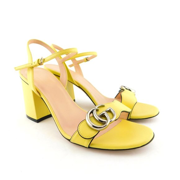 Gucci Shoes - GUCCI GG Logo Sunflower Yellow Leather Ankle Strap Block Heel Sandals 38